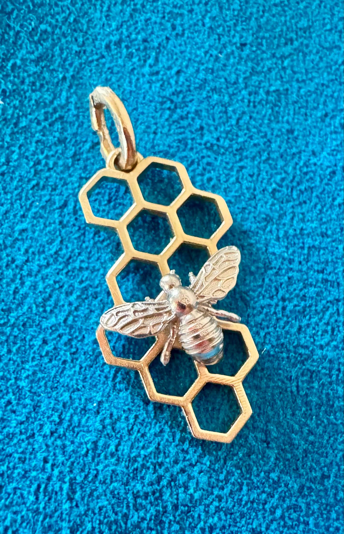 Honeycomb & Bee Pendant – 14K Gold and Sterling Silver